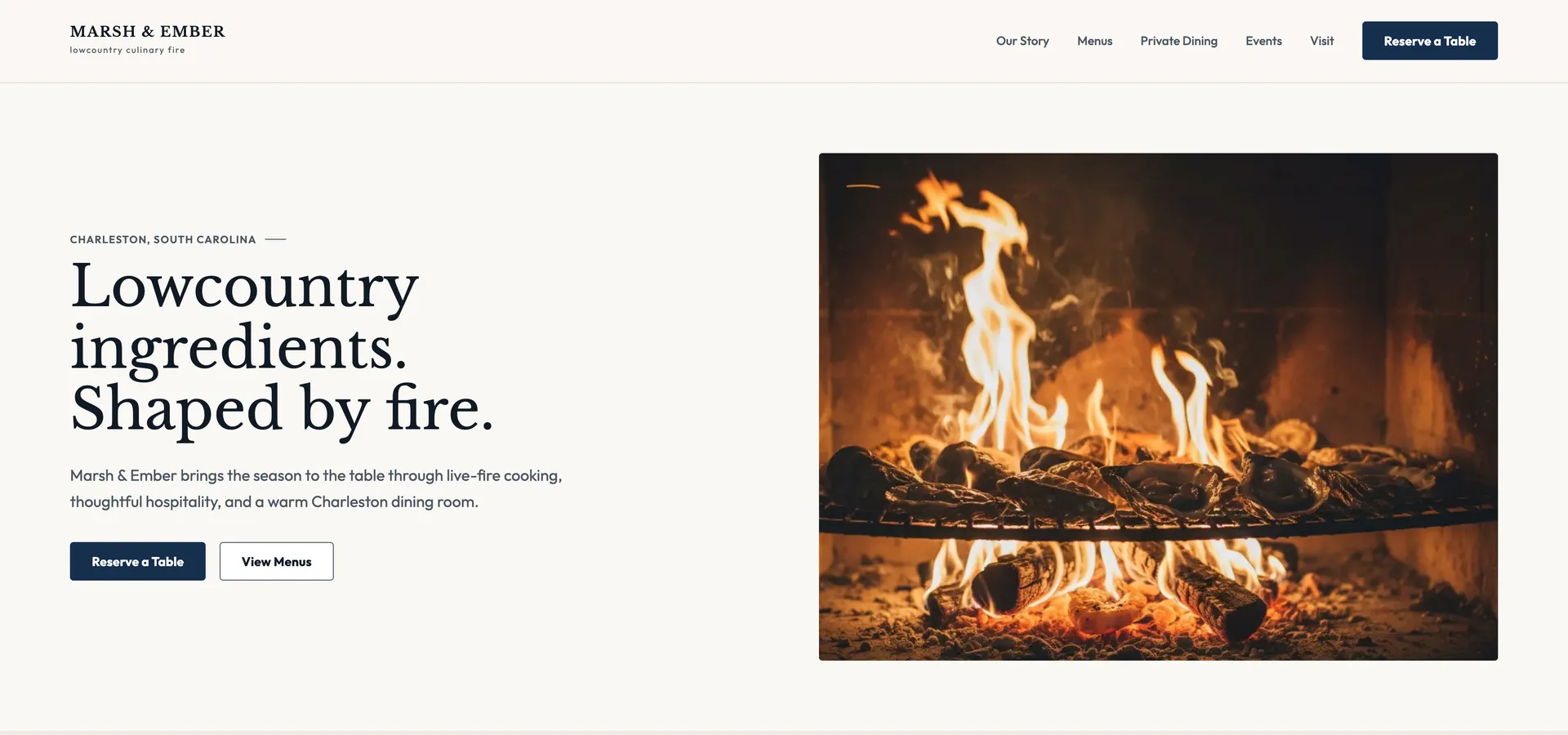 Marsh & Ember restaurant website homepage