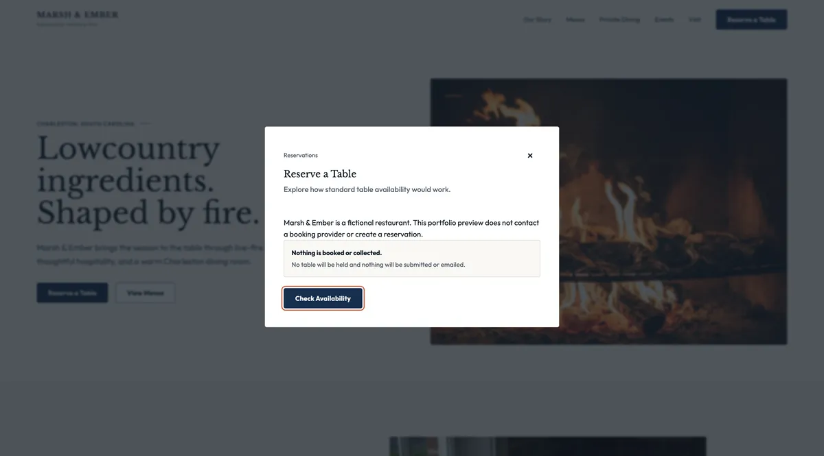 Marsh & Ember reservation preview disclosure dialog