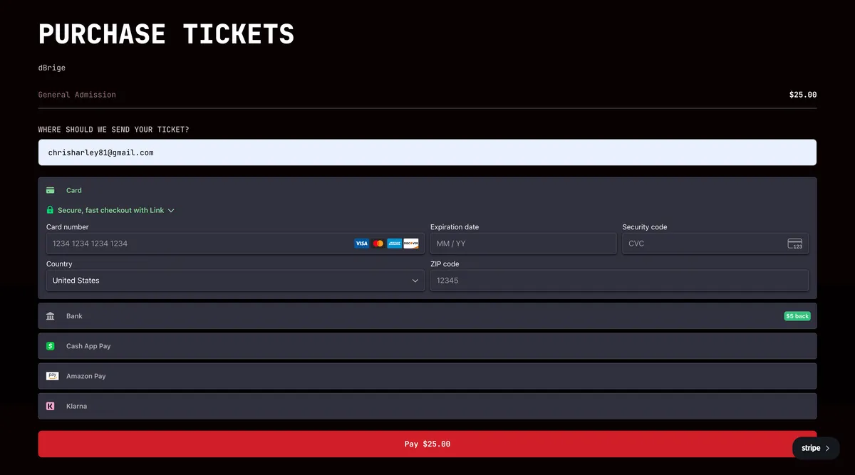 BASSMENT ticket checkout with embedded Stripe payment element