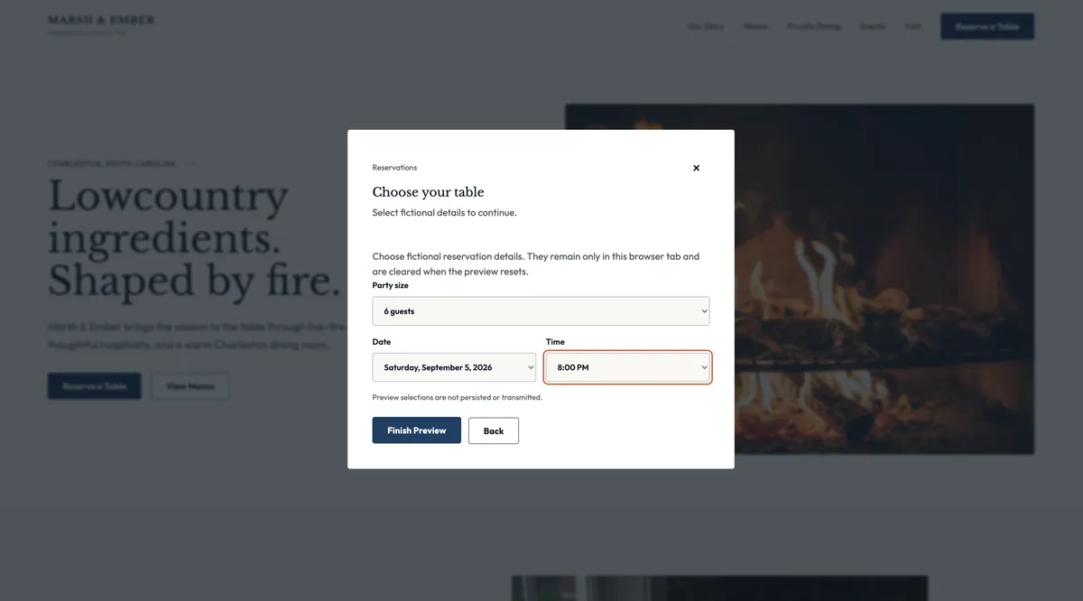 Marsh & Ember fictional table reservation details dialog