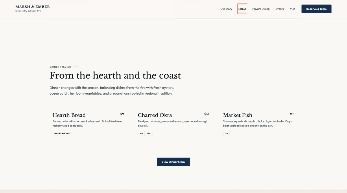 Marsh & Ember desktop dinner menu preview
