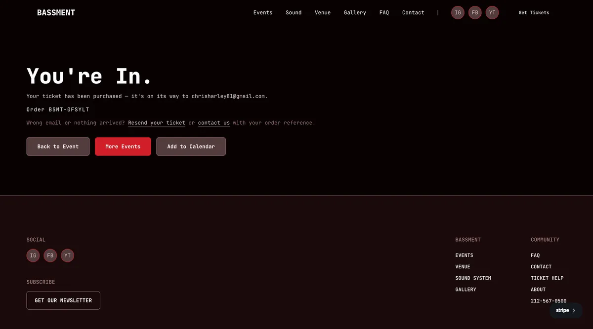 BASSMENT homepage with resident DJ slider and event flyer grid