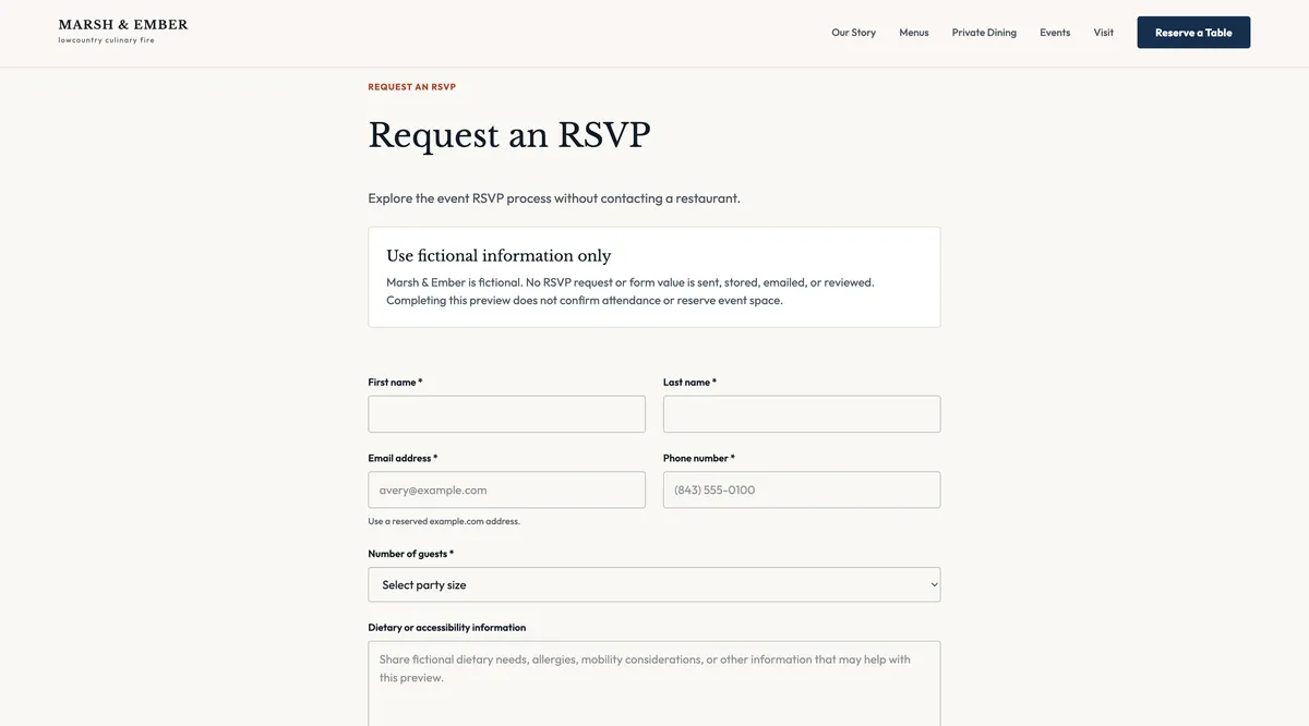 Marsh & Ember desktop event RSVP form